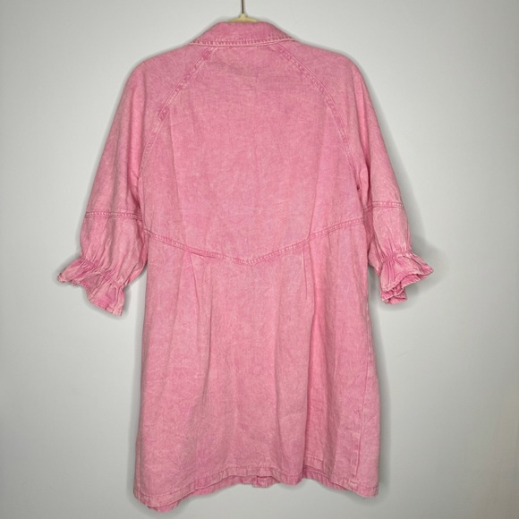 Washed Denim Puff Sleeve Mini Dress Hot Pink XL - Picture 3 of 7